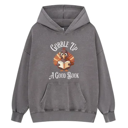 Pagewings Thanksgiving A Good Book Unisex Washed Hoodie