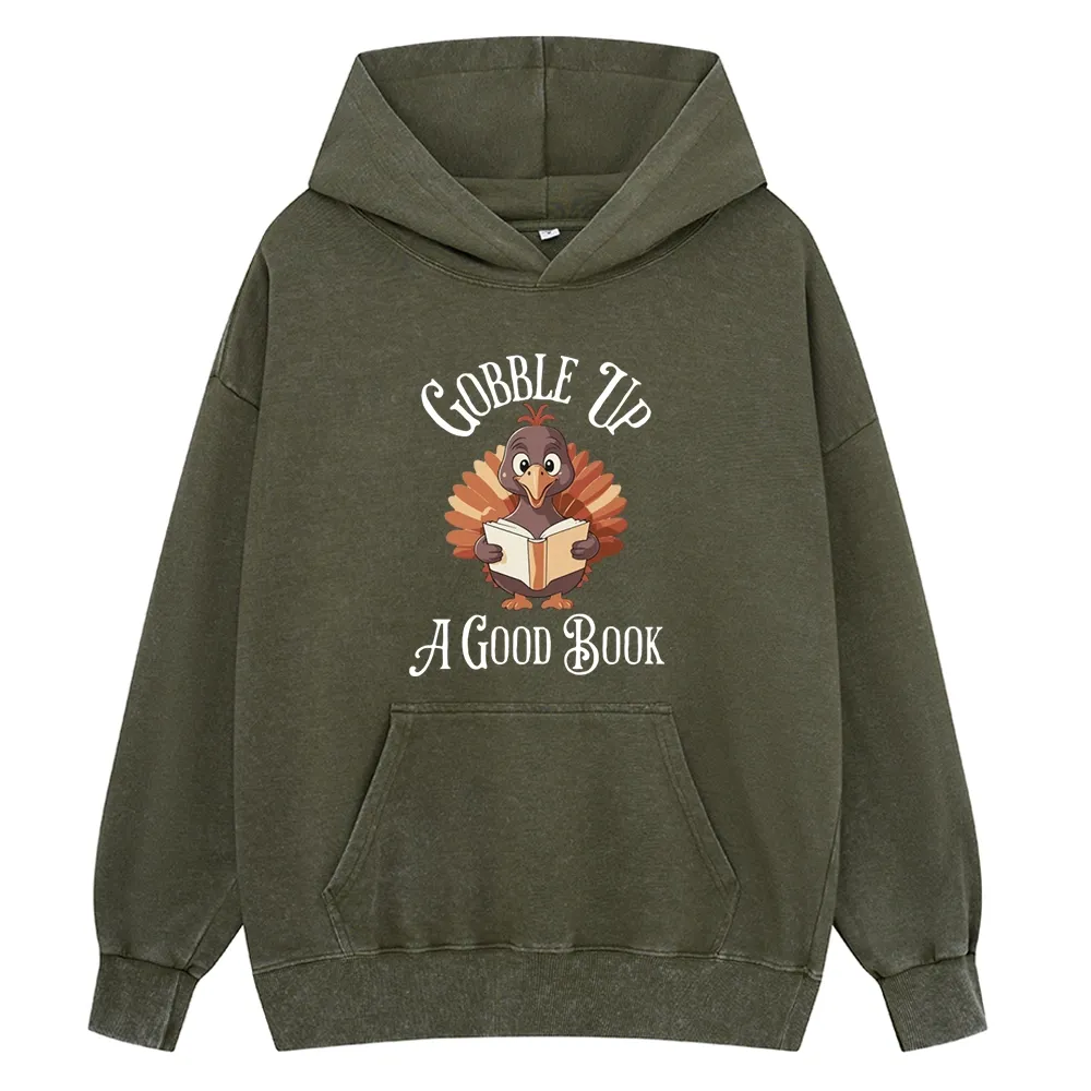 Pagewings Thanksgiving A Good Book Unisex Washed Hoodie
