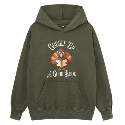 Pagewings Thanksgiving A Good Book Unisex Washed Hoodie