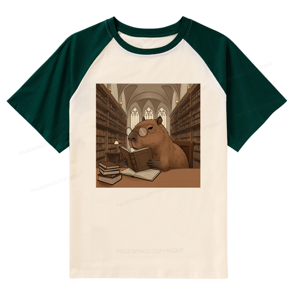 Pagewings The Reader Capybara Raglan T-shirt