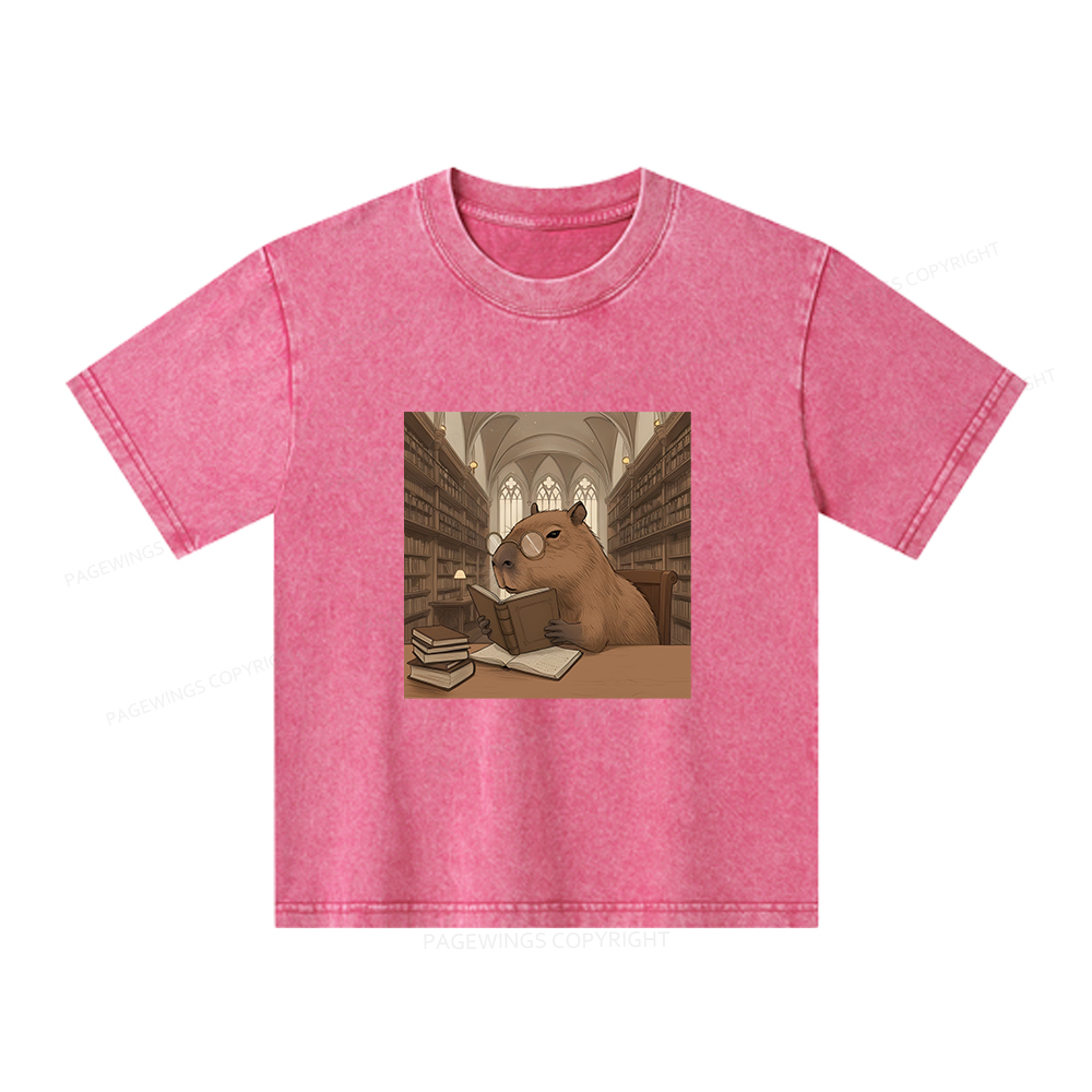 Pagewings The Reader Capybara Unisex Kids Washed T-shirt