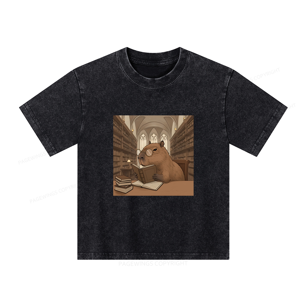 Pagewings The Reader Capybara Unisex Kids Washed T-shirt