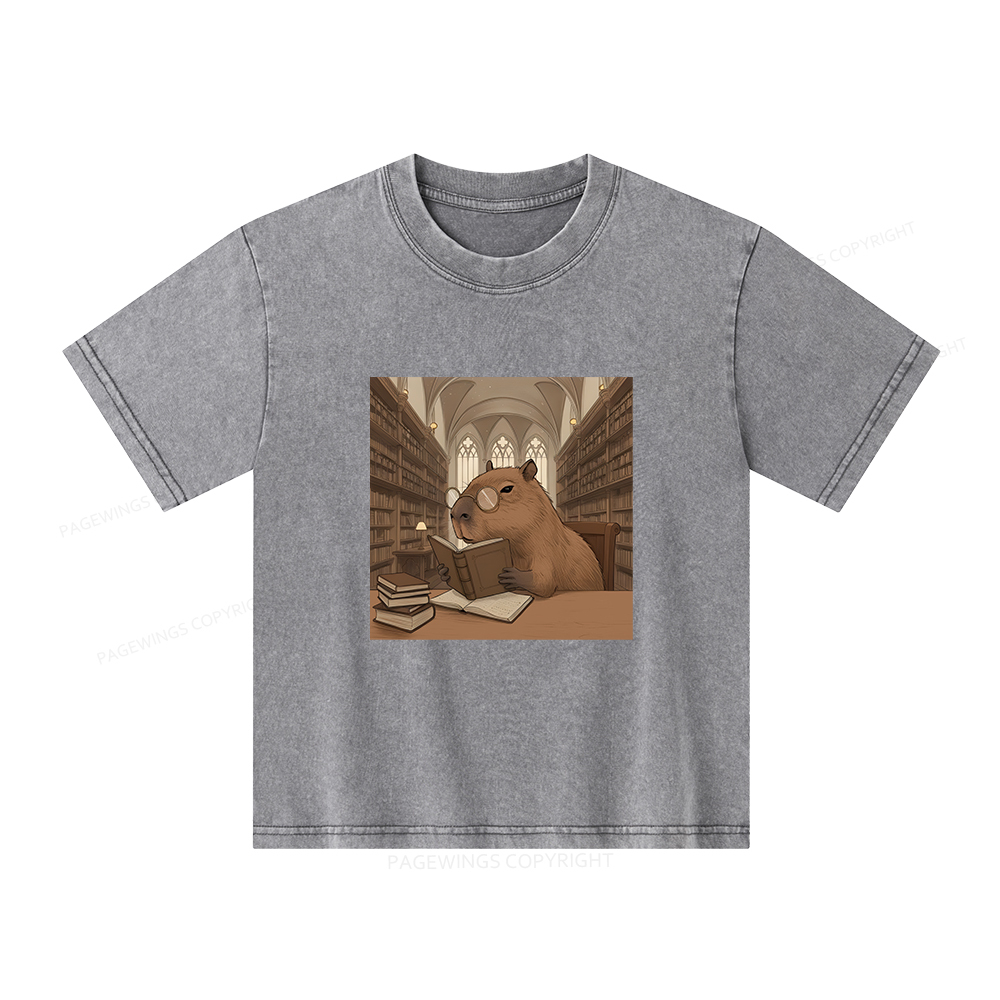 Pagewings The Reader Capybara Unisex Kids Washed T-shirt