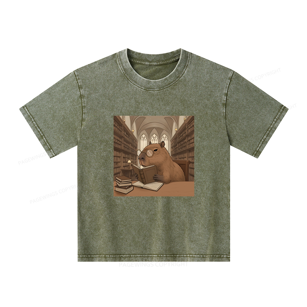 Pagewings The Reader Capybara Unisex Kids Washed T-shirt