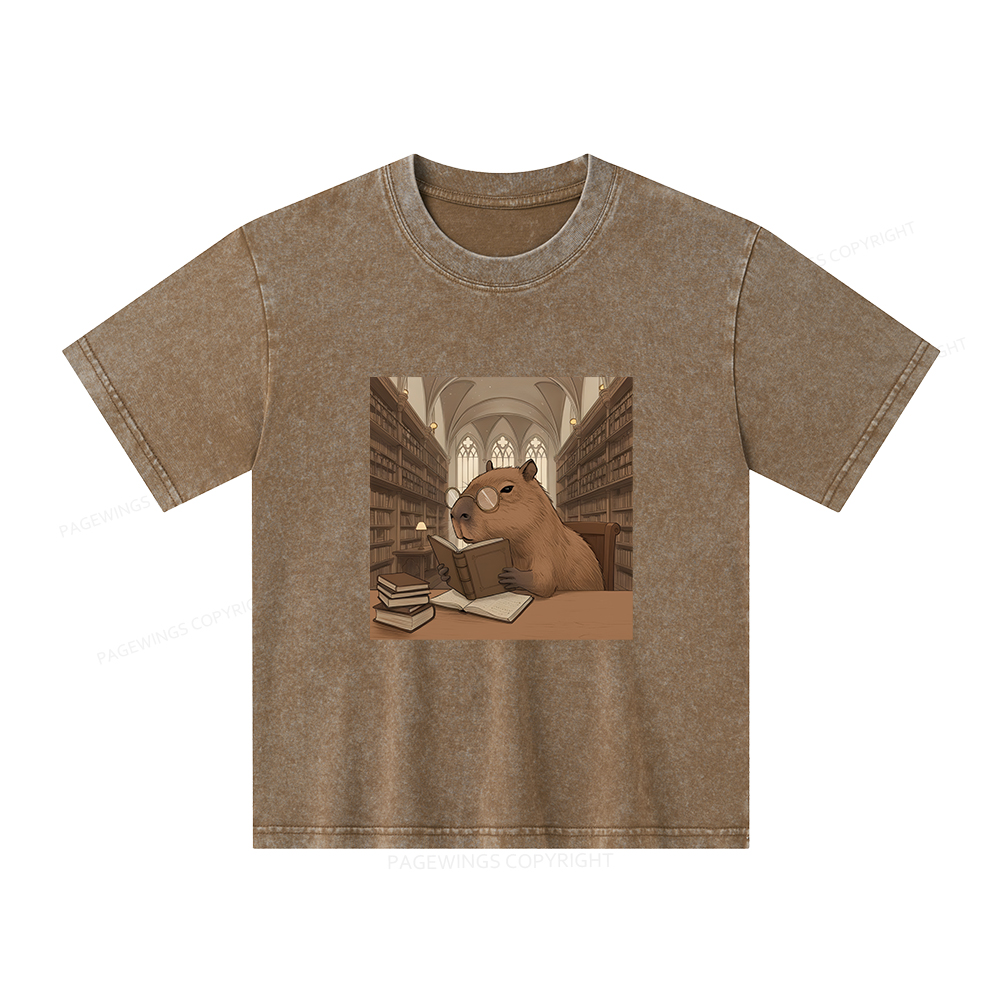 Pagewings The Reader Capybara Unisex Kids Washed T-shirt