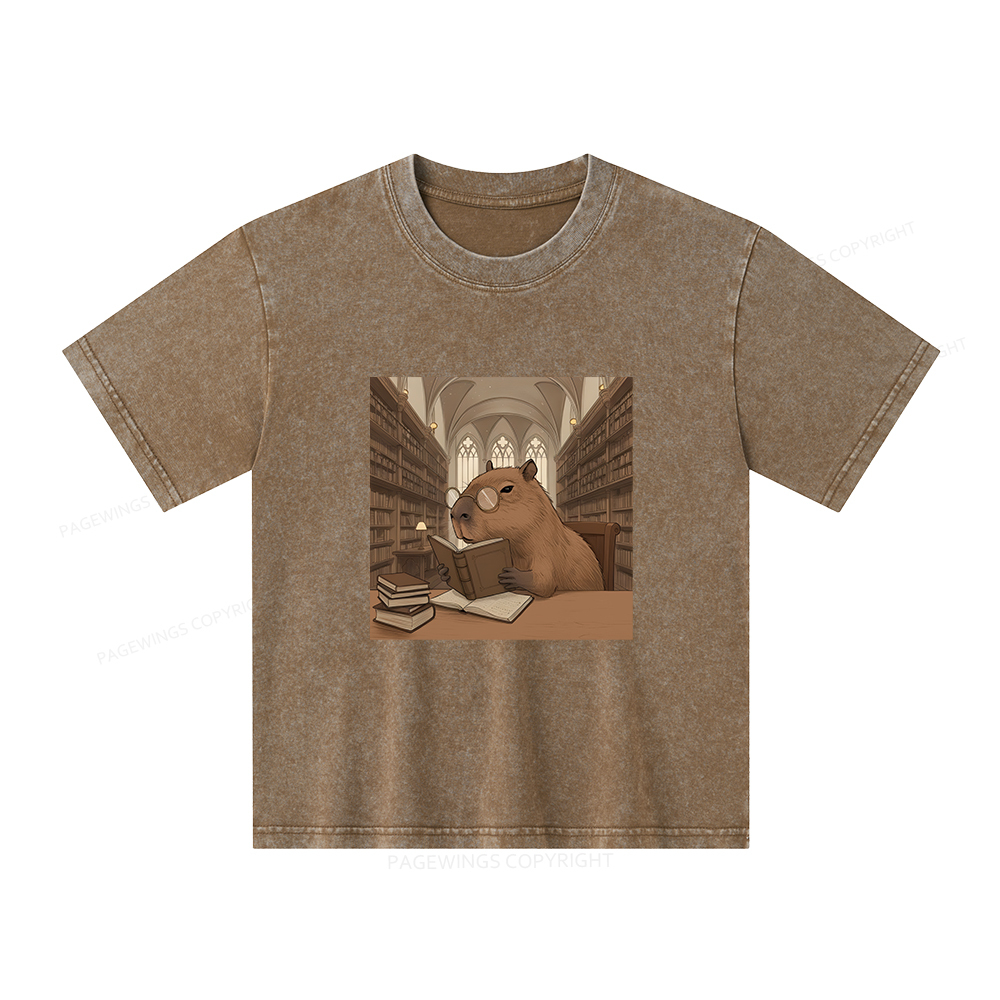 Pagewings The Reader Capybara Unisex Kids Washed T-shirt