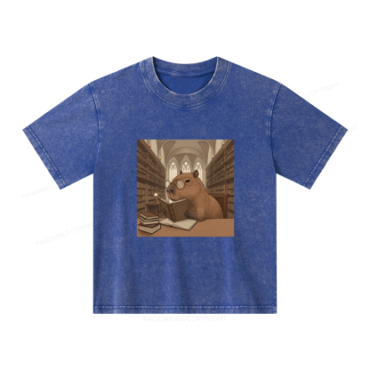 Pagewings The Reader Capybara Unisex Kids Washed T-shirt