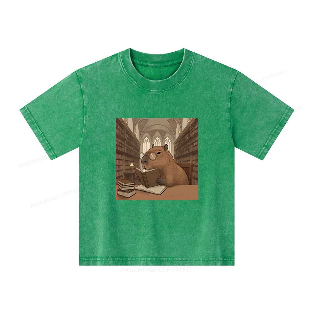 Pagewings The Reader Capybara Unisex Kids Washed T-shirt