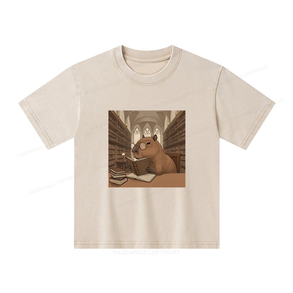 Pagewings The Reader Capybara Unisex Kids Washed T-shirt