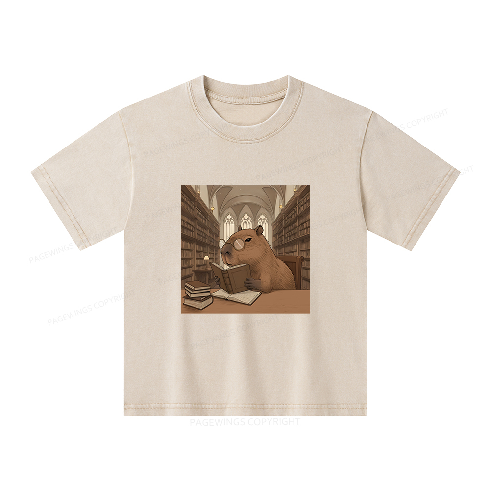 Pagewings The Reader Capybara Unisex Kids Washed T-shirt