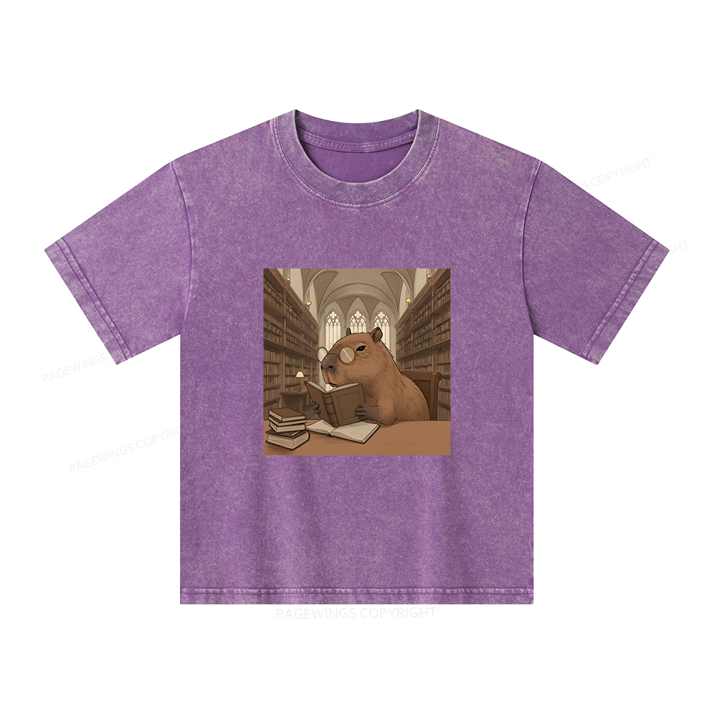 Pagewings The Reader Capybara Unisex Kids Washed T-shirt