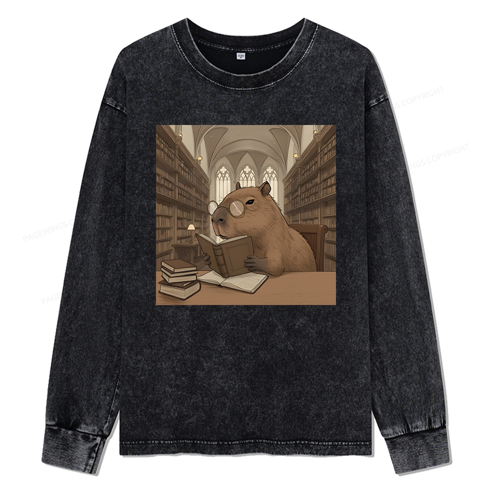 Pagewings The Reader Capybara Unisex Washed Long Sleeve T-shirt