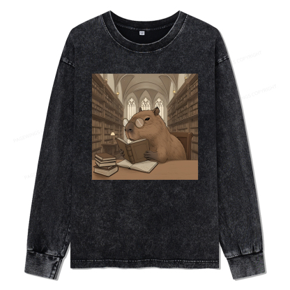 Pagewings The Reader Capybara Unisex Washed Long Sleeve T-shirt