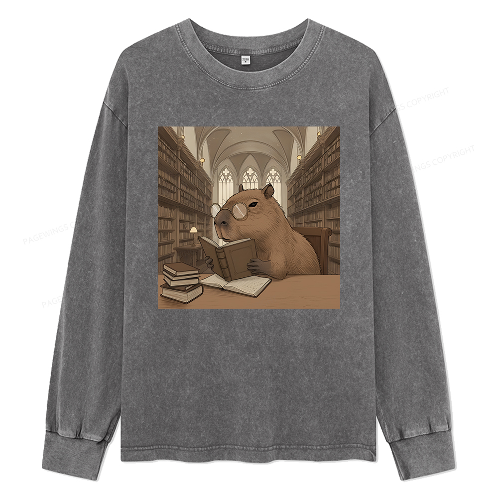 Pagewings The Reader Capybara Unisex Washed Long Sleeve T-shirt