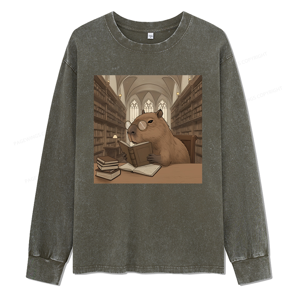 Pagewings The Reader Capybara Unisex Washed Long Sleeve T-shirt