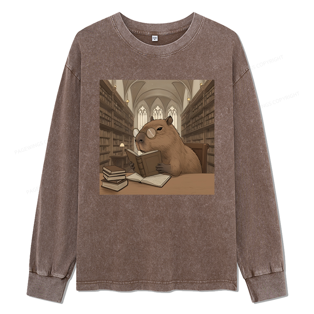 Pagewings The Reader Capybara Unisex Washed Long Sleeve T-shirt