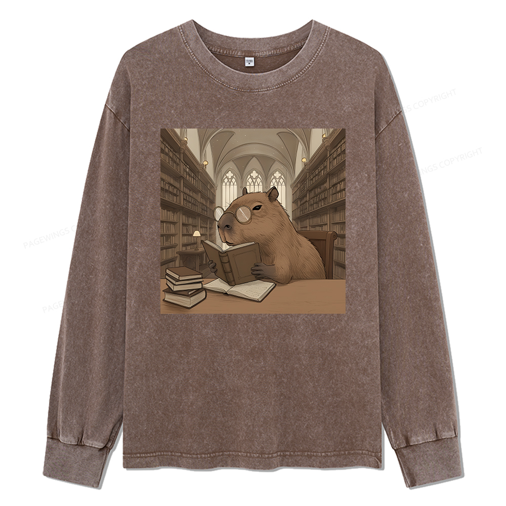 Pagewings The Reader Capybara Unisex Washed Long Sleeve T-shirt