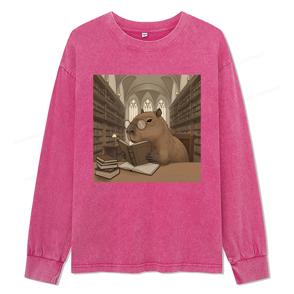 Pagewings The Reader Capybara Unisex Washed Long Sleeve T-shirt