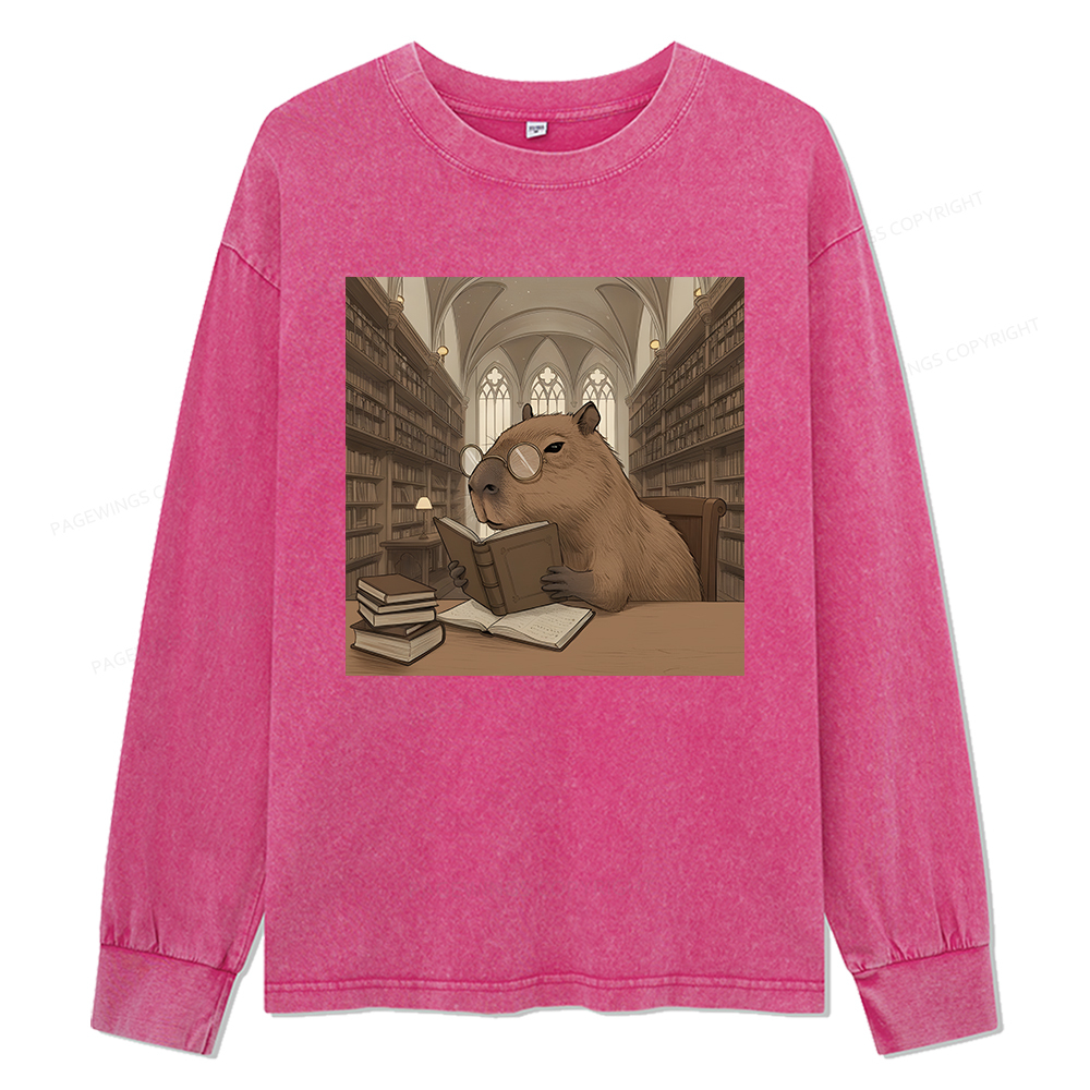 Pagewings The Reader Capybara Unisex Washed Long Sleeve T-shirt