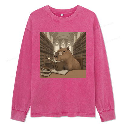 Pagewings The Reader Capybara Unisex Washed Long Sleeve T-shirt