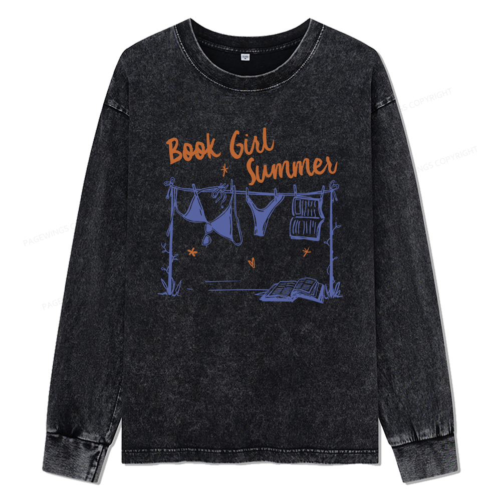 Pagewings Book Girl Summer Bookish Unisex Washed Long Sleeve T-shirt