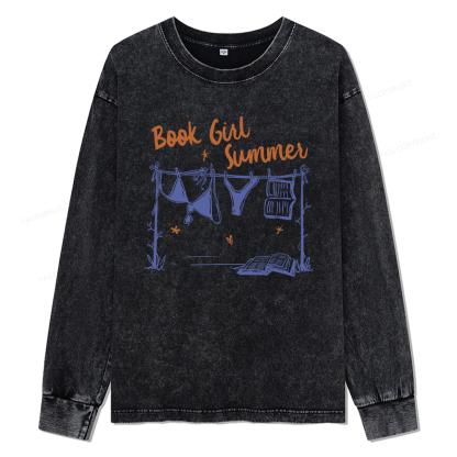 Pagewings Book Girl Summer Bookish Unisex Washed Long Sleeve T-shirt