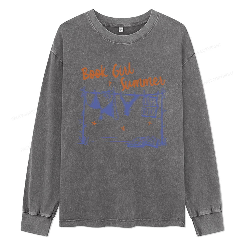 Pagewings Book Girl Summer Bookish Unisex Washed Long Sleeve T-shirt