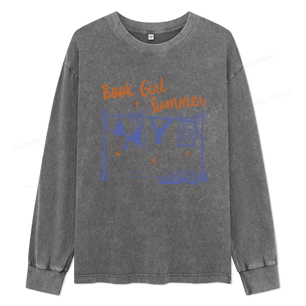 Pagewings Book Girl Summer Bookish Unisex Washed Long Sleeve T-shirt