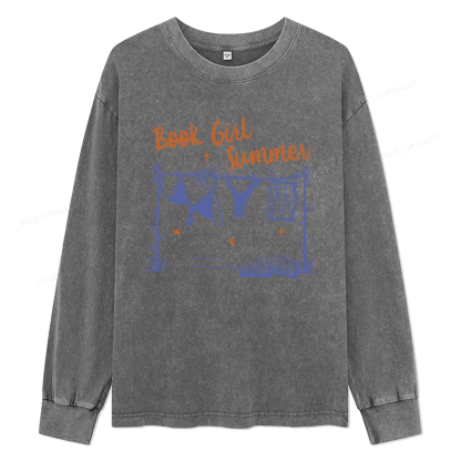 Pagewings Book Girl Summer Bookish Unisex Washed Long Sleeve T-shirt