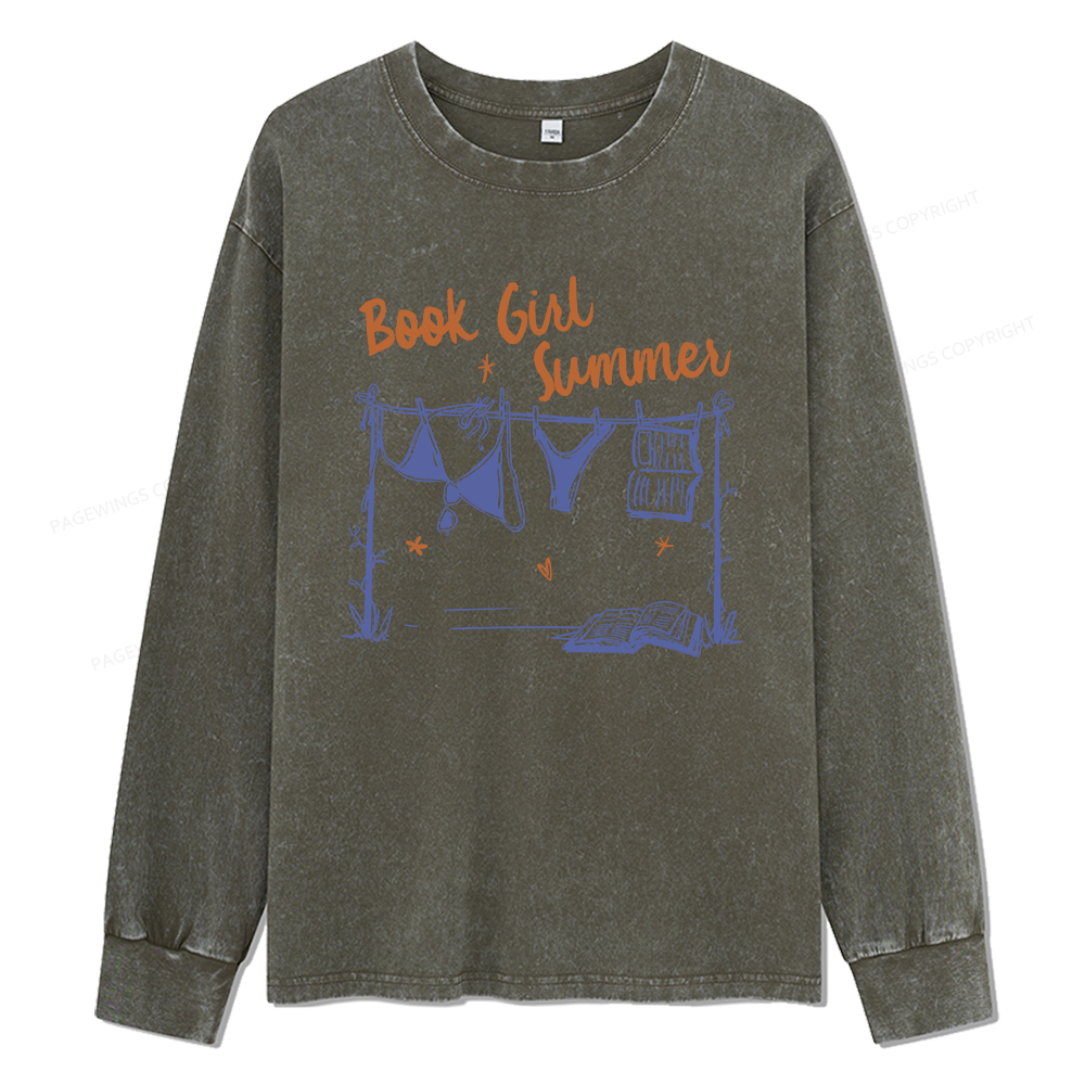 Pagewings Book Girl Summer Bookish Unisex Washed Long Sleeve T-shirt
