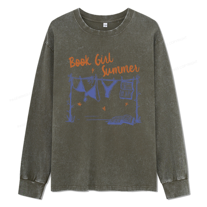 Pagewings Book Girl Summer Bookish Unisex Washed Long Sleeve T-shirt