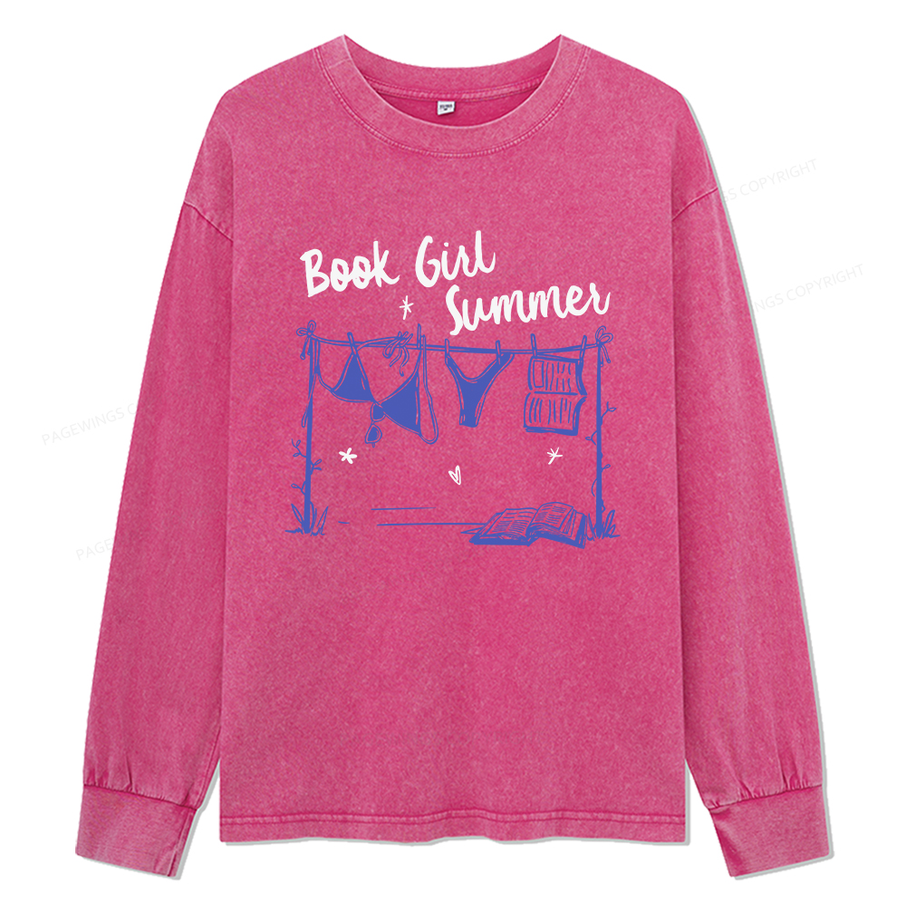 Pagewings Book Girl Summer Bookish Unisex Washed Long Sleeve T-shirt