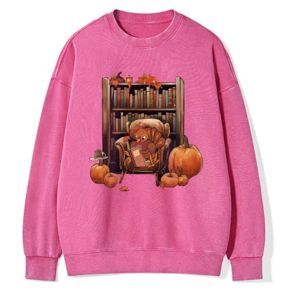 Pagewings Thanksgiving Turkey Reading Unisex Washed Sweatshirt
