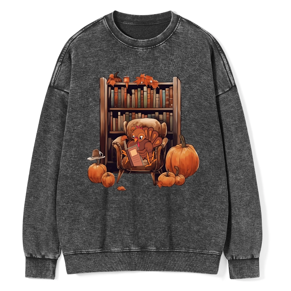 Pagewings Thanksgiving Turkey Reading Unisex Washed Sweatshirt