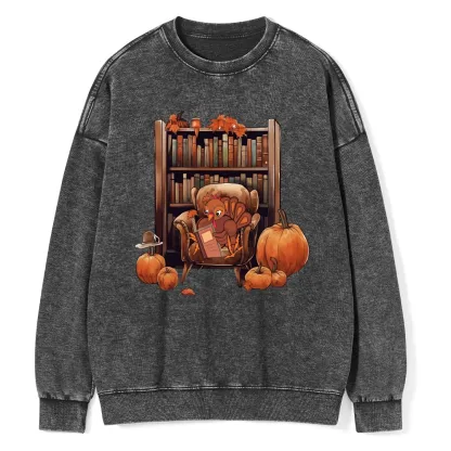 Pagewings Thanksgiving Turkey Reading Unisex Washed Sweatshirt