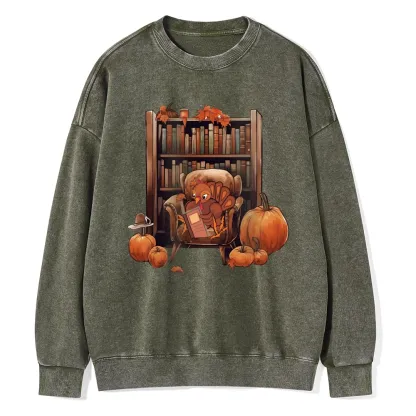Pagewings Thanksgiving Turkey Reading Unisex Washed Sweatshirt