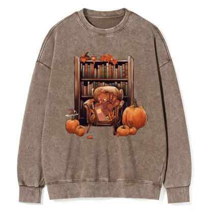 Pagewings Thanksgiving Turkey Reading Unisex Washed Sweatshirt