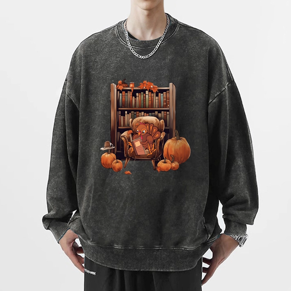 Pagewings Thanksgiving Turkey Reading Unisex Washed Sweatshirt