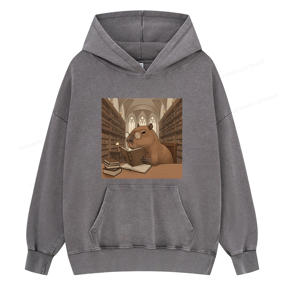 Pagewings The Reader Capybara Unisex Washed Hoodie