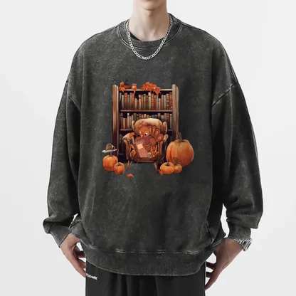Pagewings Thanksgiving Turkey Reading Unisex Washed Sweatshirt
