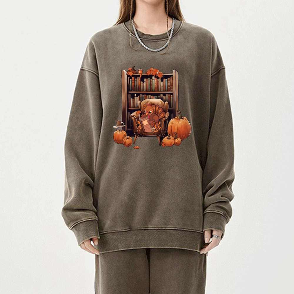 Pagewings Thanksgiving Turkey Reading Unisex Washed Sweatshirt
