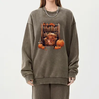 Pagewings Thanksgiving Turkey Reading Unisex Washed Sweatshirt