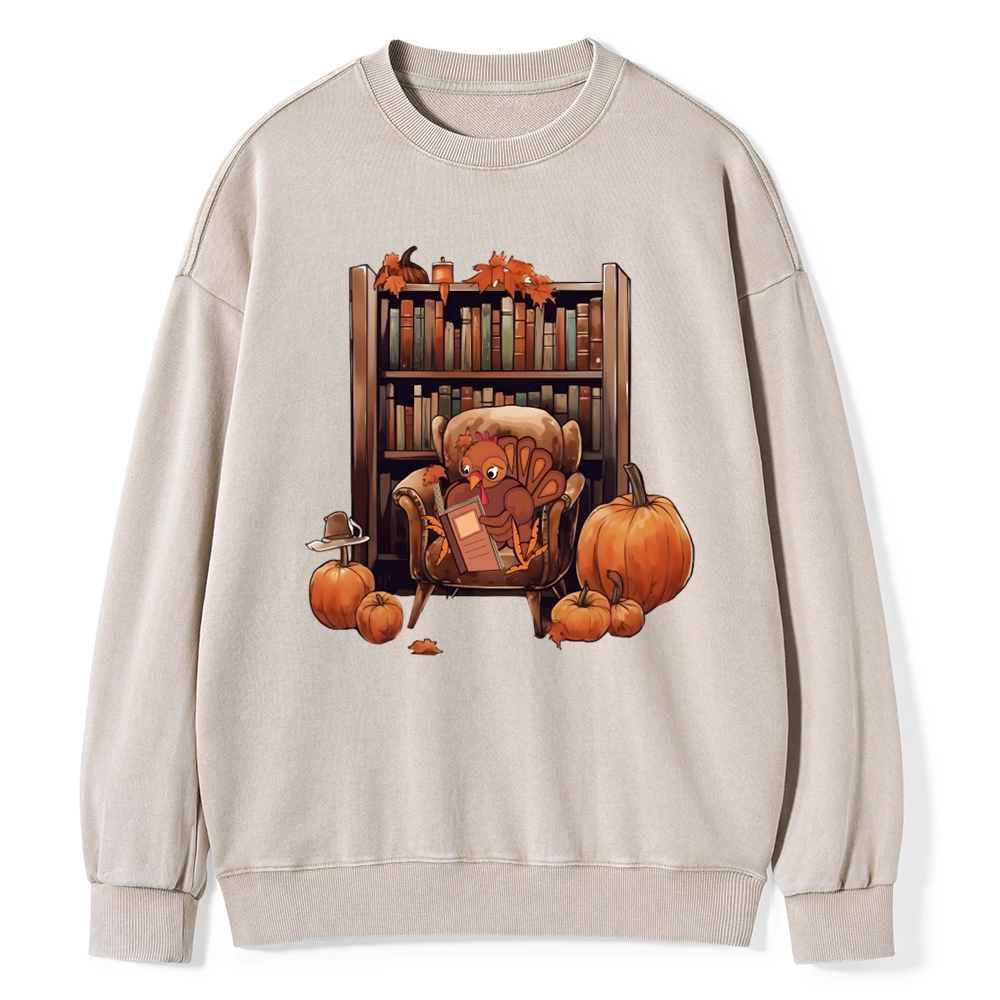 Pagewings Thanksgiving Turkey Reading Unisex Washed Sweatshirt