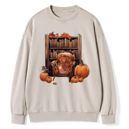 Pagewings Thanksgiving Turkey Reading Unisex Washed Sweatshirt