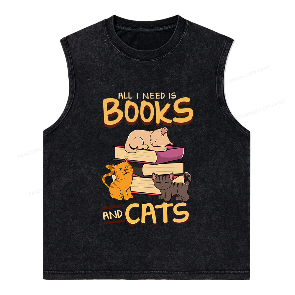 Pagewings All I Need Is Books And Cats Unisex Washed Tank Top