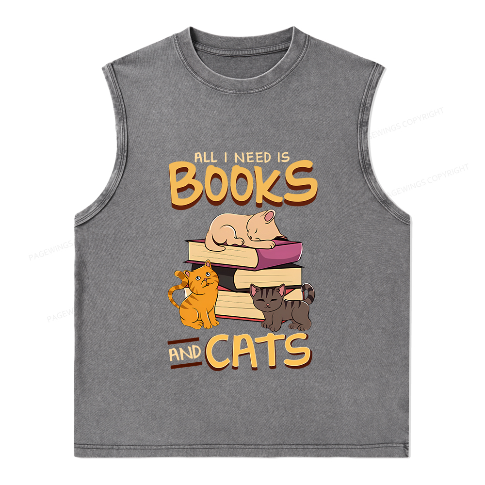 Pagewings All I Need Is Books And Cats Unisex Washed Tank Top