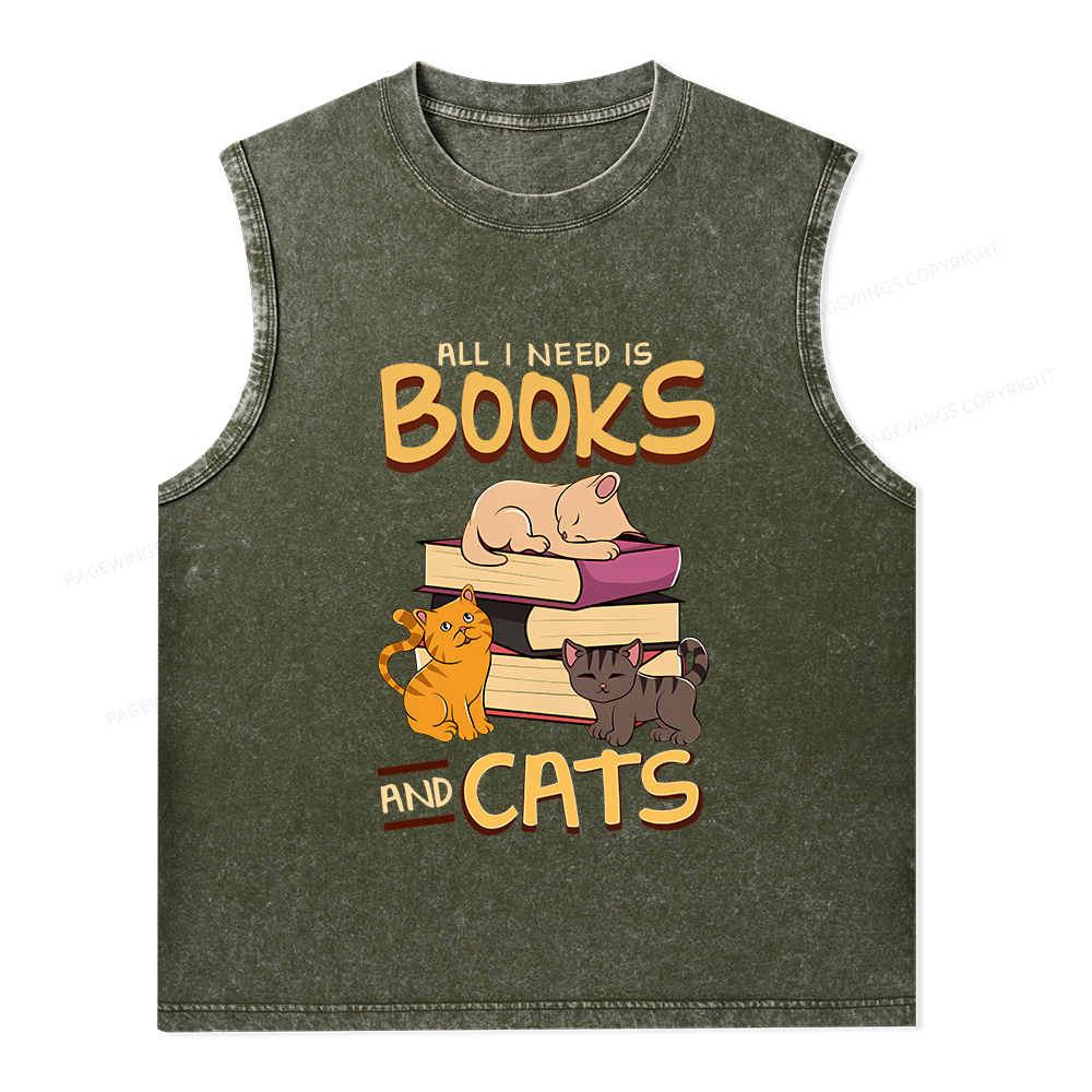 Pagewings All I Need Is Books And Cats Unisex Washed Tank Top