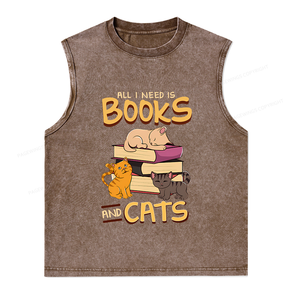 Pagewings All I Need Is Books And Cats Unisex Washed Tank Top