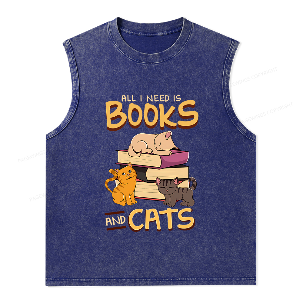 Pagewings All I Need Is Books And Cats Unisex Washed Tank Top