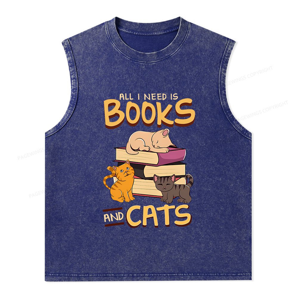 Pagewings All I Need Is Books And Cats Unisex Washed Tank Top